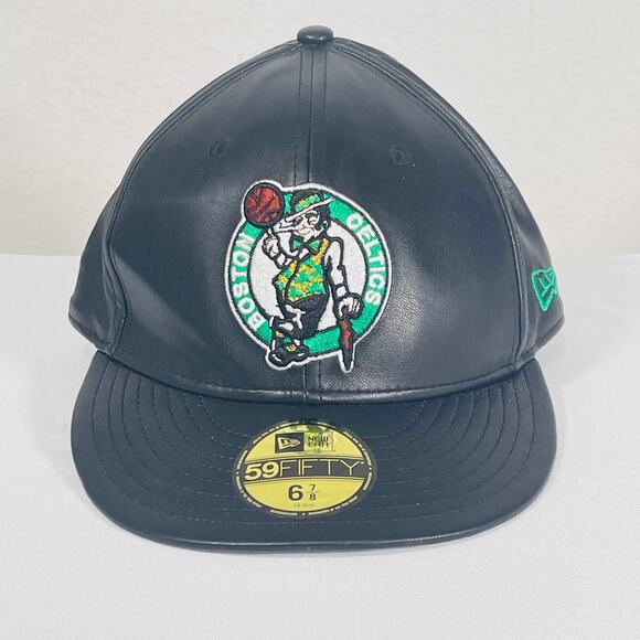 Boston Celtics Basketball New Era 59FIFTY Fitted Faux Leather NBA Hat Mens 6 7/8 - Picture 1 of 9